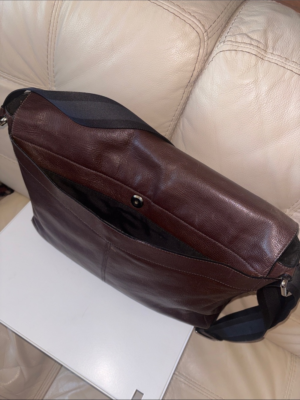 Coach Men's Brown Leather Messenger Bag with Stripe Strap - Picture 5 of 15